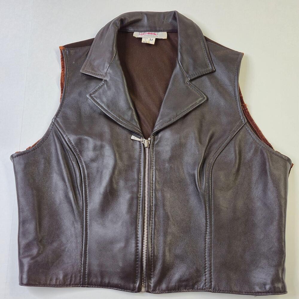 Petite Sophisticate Vest Womens Medium Brown Leather Knit Back Zip Moto Lined